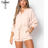 Casual Sporty Two Pieces Sets Women Solid Long Sleeve Blouse And Drawstring Biker Shorts Outfits High Street