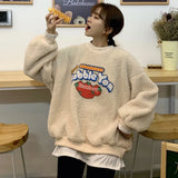 Women Fake 2 Pieces Warm Sweatshirt Fall Winter Long Sleeve Fleece Hoodie Strawberry Print Fuzzy Hoody Pullover Kawaii Top