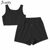 Casual Stretch Solid Two Piece Sets Women 2021 Crop Top and Drawstring Shorts Matching Set Sportswear