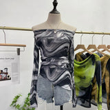 Dyed Printed Shoulder T-Shirt Design Sense Irregular Open Fork Thin Mesh Long Sleeve Top