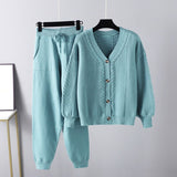 Winter Fashion Knitted Two Pieces Suits V Neck Button Loose Cardigan+Pocket Drawstring Long Pant Women Sweater