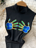 Fashion Palm Print Sleeveless Jumpsuits Stand Collar Sheath Rompers Underwear 2023 Female Summer Short Sexy