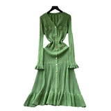 Scented Dress Women's Autumn And Winter Set High-End Feeling V-Neck Metal Buckle Slimming Lotus Leaf Side Knitting