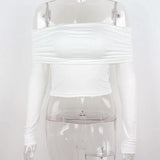 Women Off Shoulder Long Sleeve Slim Tops and Blouses Mesh Ruched Crop Tops Summer Autumn Y2K Sexy Elegant Shirts Female-Outfit