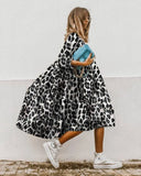 2022 Women Rose Red Maple Leaf Print Green Round Neck Dress Large Casual Loose