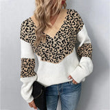 New Autumn Casual Woman Oversized Sweaters Winter Long Sleeve Knitted Jumper Sweater Women V-neck Leopard Print