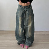 To Make Old Irregular Split Line Pocket Jeans Low-Waisted Spicy Girls Loose Casual Wide-Legged Pants-Outfit