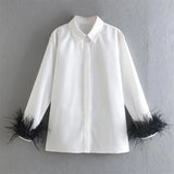 Feather Cuffs Women Stitching Furry White Shirt Elegant 2022 Patchwork Chic Blouse Vintage Loose Ladies Lapel
