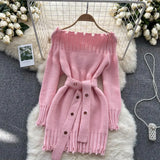 Off Shoulder Sexy Knitted Dress Long Sleeve Lace Up Midi Warm Dress Autumn Women Slash Party Sweater
