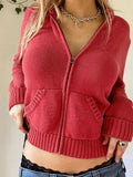 Hooded Crop Knit Cardigan-Outfit