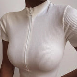 T-shirt Fashion Standing Collar Zipper Striped Crop Tops Slim Solid Sexy Tops Short Sleeve T-shirts 2023-Outfit