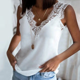 Women Elegant Sleeveless Tops Lace Splicing V-Neck Tank Top Summer 2021 Casual Womens Solid Color Blouse Shirts Plus