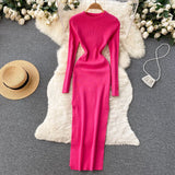 Autumn Senior Knitted Dress Women Long Sleeve Elastic Waist Split Sweater Dress Ladies Party Sexy Warm Long