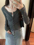 Short-Shouldered Long-Sleeved T-Shirt Women's New Autumn Cardigan Slim And Thin Round-Neck Bottomed Blouse-Outfit