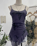 À±bab Net Yarn Print Small Sling Vest Tidly Tidly Ribbon Ribbon Leaves Edge Sleeveless Top