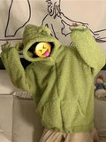 QWEEK Kawaii Bear Ears Hoodie Women Autumn Winter Zip Up Fleece Cute Top Korean Style 2021 Soft Girl Cotton Long Sleeve
