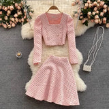 Spring Summer Fashion Small Cute Elegant Sweet Women's Skirt Suit Long Sleeved Suit Short Coat Top A-line Skirt 2-piece