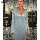 ICE Sequin Midi Dress Women Solaria Party Evening Clubwear Vestidos Ladies V-Neck See-through Outfits Glitter