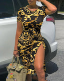 Drawstring Dress Women Fashion Print V-neck Short-sleeved Drawstring Tight Tshirt Dress