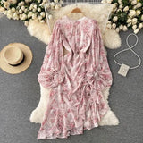 Autumn Bohemian Women Floral Drawstring Irregular Dress Female Elegant O-Neck Puff Sleeve Ruffle Vestidos Elegant Draped