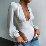 Solid Shaped Waist Sexy Bodycon Bodysuits Women Autumn Deep V-Neck Lantern Sleeve Slim Active Streetwear