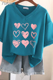100% Cotton L-6XL T Shirt Plus Size Tshirt Short Sleeve Women Top Summer Heart Print Sweet V Neck Oversized T
