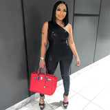 Toloer 2023 Women's Wear Sexy Bright One Shoulder Top Onesie High Purse Hip Pants Suit Woman-Outfit