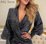 Women Black Sequin Surplice Neck Drape Detail Lantern Sleeve