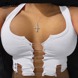 Streetwear Summer Bodycon Crop Tops Women 2022 Sleeveless Hollow Out Tank Top Fashion Design O Neck Pink White Tops