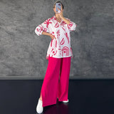 Sets Loose Long Sleeve Printed Shirt Two Piece Set Women Elegant Lapel Top Suits Female Split End Wide Leg Pants Outfits-Outfit