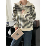 Women's Striped Polo's Neck Zipper Oversized Sweatshirt Long Sleeve Loose Casual