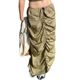 Women Solid Color Skirt, Drawstring Pleated Adjustable Elastic High Waist Half Dress Casual Daily Clothes-Outfit