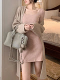 Autumn Knitted Dress Women Casual Slim Thin Y2k Mini Dress Female Pure Color Elegant One Piece Dress Korean Fashion