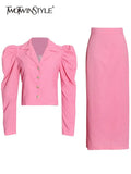 TWOTWINSTYLE Solid Color Two Piece Set For Women V Neck Puff Sleeves Shirts Top High Waist Straight Skirts Female Suits 2022