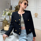 Small Fragrance Women Black Tweed Outerwear Autumn Winter Golden Button Blends Wool Female Long Sleeve Jacket