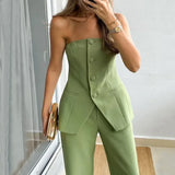 Korean Women Strapless Sleeveless Button Tops Two Piece Sets Sexy Solid Casual Straight Long Pants Set Autumn Slim Fit-Outfit