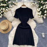 Temperament Half-High Collar Short-Sleeved Dress Female Design Button-Skinny Open Fork Medium Long Knitting