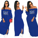 Sexy Slash Neck Ladies Solid Color Letter Printing Long Dress Home Casual Street Loose Large Size
