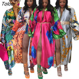 New Fashion Floral Print Long Sleeve Loose Long Outwear Cardigans Street Women Clothing Casual Silk Open Stitch