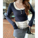 Lace Lace Long-Sleeved T-Shirt Women's Early Spring New Style Slim And Slim Fake Two Inner Jackets-Outfit