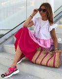 Patchwork Hit Color Dress Women O Neck Half Sleeve Oversize Casual Midi Dresses Female Summer