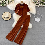 Vintage Women Three Pieces Set Elegant V-Neck Short Blouse + Strap Camis + Wide Leg Pants Suit Green/Red/Yellow Spring Fall