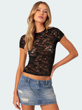 Toloer New Round Collar Lace Short Sleeve Women's Sexy Wind Hollow Out Slim Top Female Senior Sense-Outfit