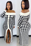 Sexy White and Black Check Off Shoulder Split Sweater