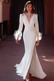 Elegant White Mesh Deep V Neck Long Sleeve Slit Eevening
