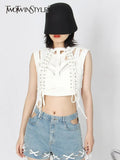TWOTWINSTYLE Cut Out Tank Tops For Women Round Neck Sleeveless Bandage Solid Vests Female Sexy Clothing Summer New 2022