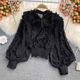 Autumn Women Ruffle Blouse Vintage Bow Collar Lantern Long Sleeve Short Tops Female Purple/Rose Red/Green/White Shirts