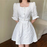Summer Two-piece Sets Elegant Sweet Jacquard Square Collar Puff Sleeve Button Chic Top + A-line Mini Skirt