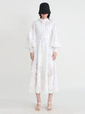 Elegant Solid Dresses For Women Stand Collar Long Sleeve Single Breasted High Waist Tunic Embroidery Dress Female