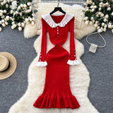 Retro Doll Collar Horn Sleeve Dress Women Autumn Waist Thin Temperament Knitted